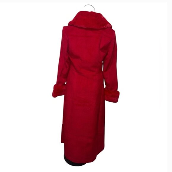 NEW VENUS RED MAXI LONG COAT FAUX FUR COLLAR CUFFS XMAS HOLIDAY GLAM - Picture 7 of 10